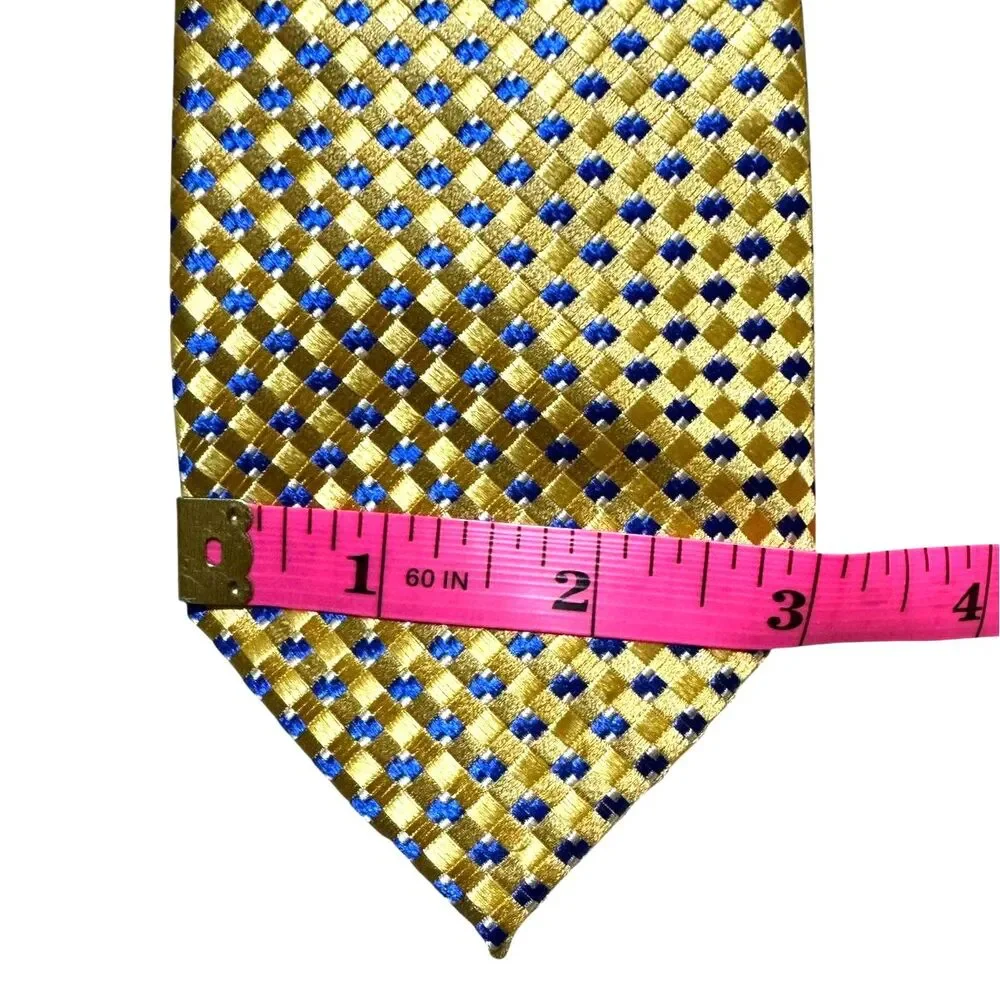 Michael Michael Kors 100% Silk Tie Gold Blue Geometric Diamond Pattern